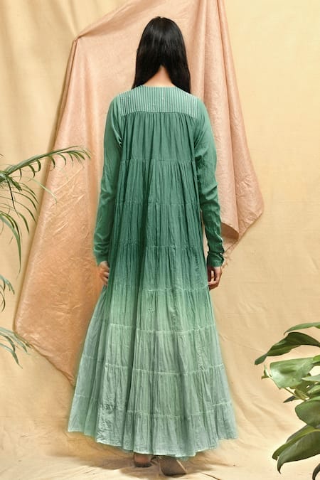 Shop Chambray & CO. Green Cotton Embroidery Round Neck Ombre Tiered Maxi Dress at Aza Fashions Shop_Chambray & CO._Green Cotton Embroidery Round Neck Ombre Tiered Maxi Dress _at_Aza_Fashions