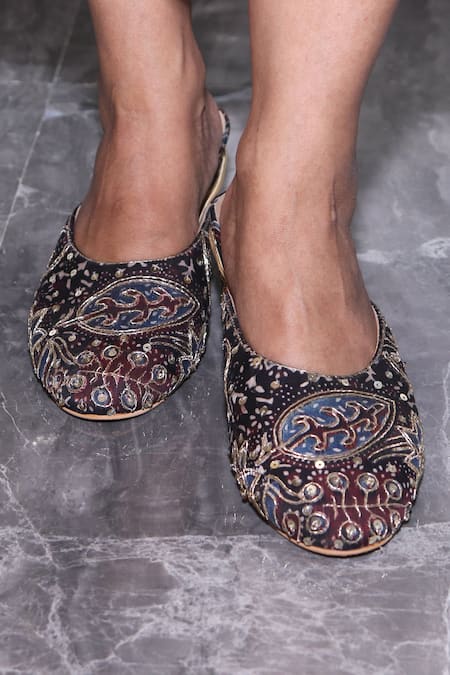 Foot Fuel Phys Ajrak Sequin Embroidered Block Heels 