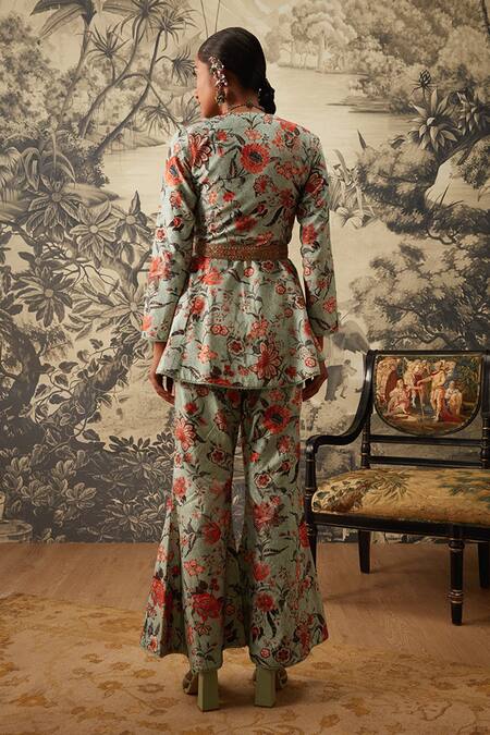 Shop Kalista Blue Viscose, Silk Embroidery V-neck Cynthia Chintz Print Top And Pant Set at Aza Fashions Shop_Kalista_Blue Viscose, Silk Embroidery V-neck Cynthia Chintz Print Top And Pant Set _at_Aza_Fashions