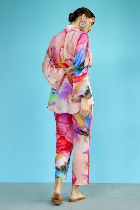 Shop Garima Bindal Multi Color Modal Sequins Shawl Neck Bubble Floral Print Shirt And Pant Set at Aza Fashions Shop_Garima Bindal_Multi Color Modal Sequins Shawl Neck Bubble Floral Print Shirt And Pant Set _at_Aza_Fashions