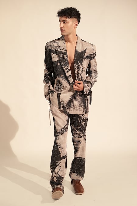 Shop_Nikita Mhaisalkar_Black Georgette Sequins, Embroidery Brush Stroke Print Blazer With Pant _at_Aza_Fashions