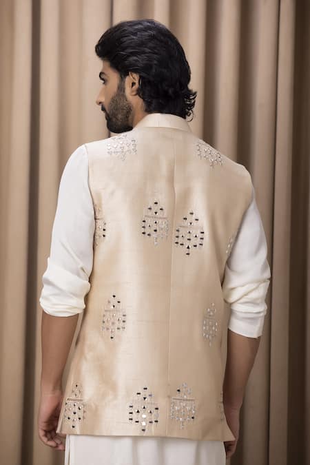 Ankit V Kapoor Beige Geometric Mirror Embroidered Bundi Set 