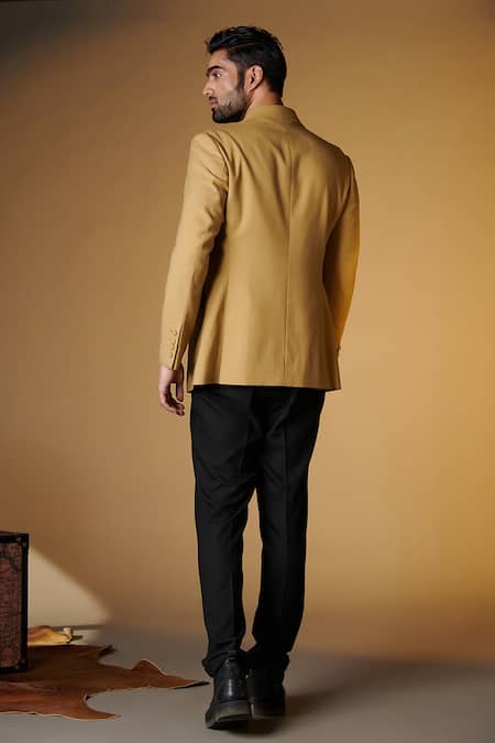 Shop_S&N by Shantnu Nikhil_Beige Viscose, Polyester, Faux Leather Embroidery Sandn Crest Slim Fit Jacket _at_Aza_Fashions