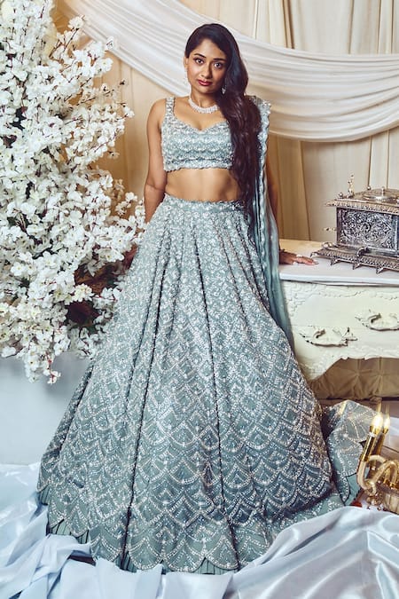 Shop Varun Chakkilam Grey Silk Organza Beads, Sequins V-neck Embroidered Lehenga Set at Aza Fashions Shop_Varun Chakkilam_Grey Silk Organza Beads, Sequins V-neck Embroidered Lehenga Set _at_Aza_Fashions