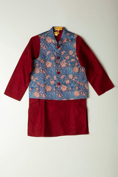 Shop Shruti Jalan Blue Silk, Cotton Embroidery Floral Print Kurta Set With Bundi at Aza Fashions Shop_Shruti Jalan_Blue Silk, Cotton Embroidery Floral Print Kurta Set With Bundi _at_Aza_Fashions