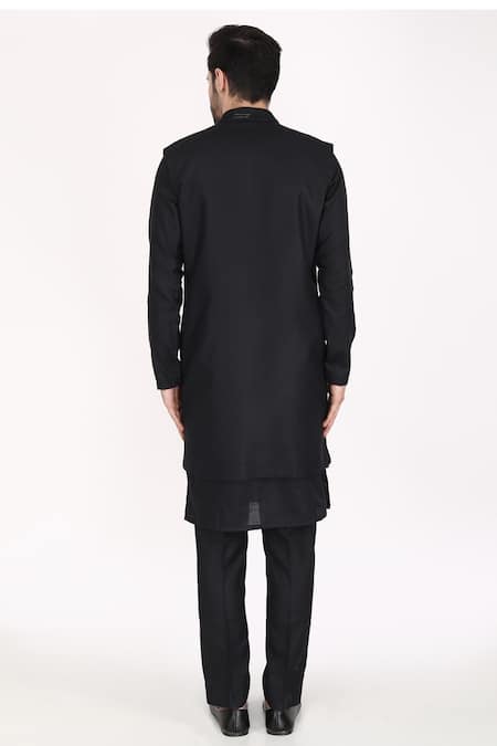 Shop Manish Nagdeo Black Silk Applique Hand Embroidered Bundi Kurta Set at Aza Fashions Shop_Manish Nagdeo_Black Silk Applique Hand Embroidered Bundi Kurta Set _at_Aza_Fashions