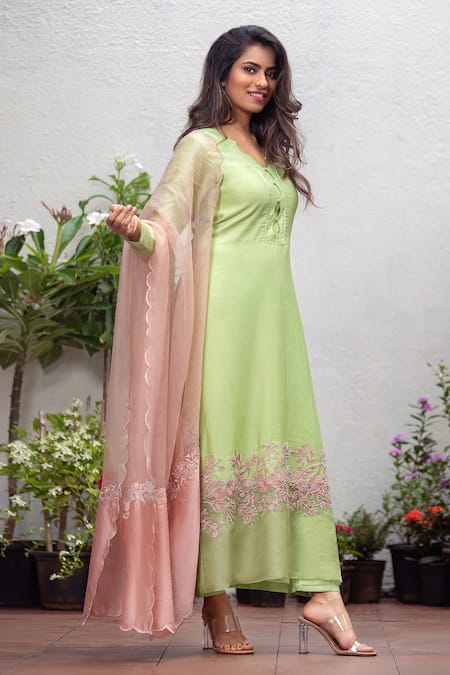 Shop_The Aarya_Green Chanderi, Viscose Cut Work, Beads, Handwoven Straight Kurta Pant Set_at_Aza_Fashions
