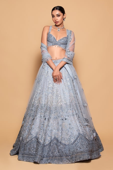 Shop Pallavi Poddar Blue Organza, Tulle Sequins, Cut Work, Mirzapur Thread Bridal Lehenga Set at Aza Fashions Shop_Pallavi Poddar_Blue Organza, Tulle Sequins, Cut Work, Mirzapur Thread Bridal Lehenga Set _at_Aza_Fashions