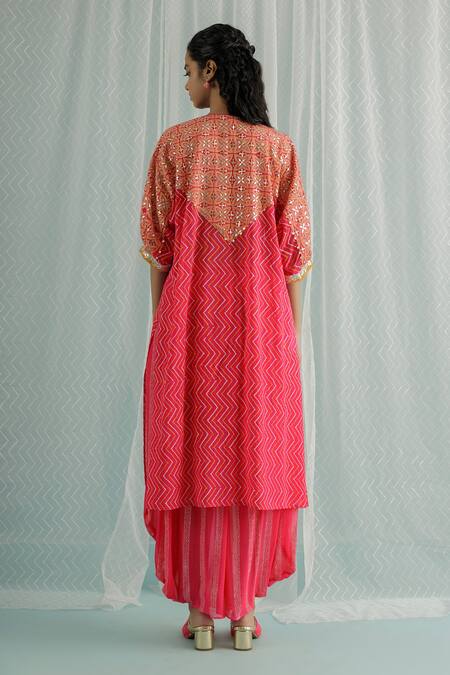 Shop_Surbhi Gupta_Fuchsia Kurta And Dhoti Pant Georgette Printed Chevron Choga & Set  _at_Aza_Fashions