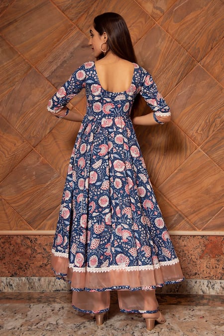 Shop Pomcha Jaipur Blue Floral, Lace Round Neck Ambar Cotton Print Anarkali Set at Aza Fashions Shop_Pomcha Jaipur_Blue Floral, Lace Round Neck Ambar Cotton Print Anarkali Set _at_Aza_Fashions