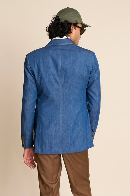 Shop Gargee Designers Blue Cotton, Denim Single Breasted Blazer at Aza Fashions Shop_Gargee Designers_Blue Cotton, Denim Single Breasted Blazer_at_Aza_Fashions