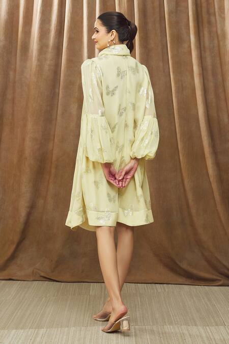 Shop Bump Loving Yellow Viscose, Polyester Pearls, Siena Butterfly Print Maternity Dress at Aza Fashions Shop_Bump Loving_Yellow Viscose, Polyester Pearls, Siena Butterfly Print Maternity Dress_at_Aza_Fashions