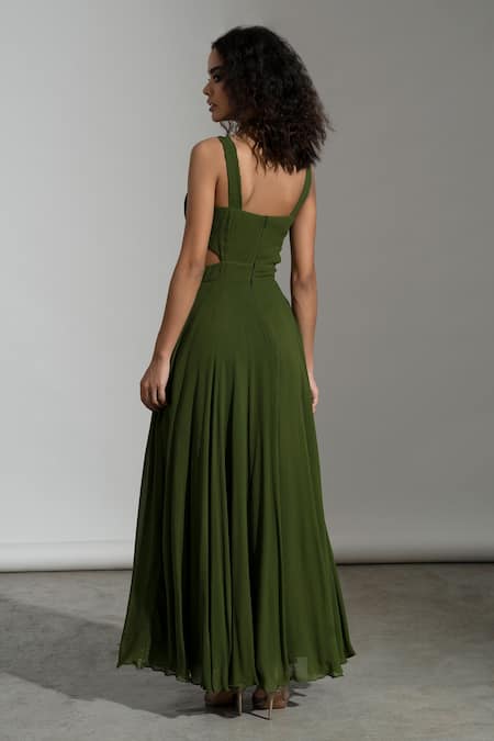 Shop_AMRTA by GUNEET KONDAL_Green Shell 100% Viscose Georgette V Neck Cappadocia Cut-out Gown _at_Aza_Fashions