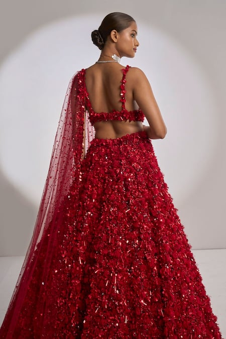 Bridal Red Sequins Embroidered Net Lehenga – Maharani