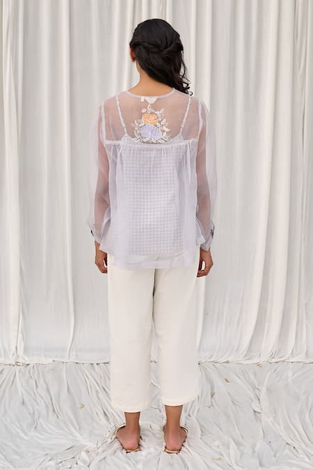 Shop Ayaka Blue Silk Organza, Cotton Embroidery Round Neck Floral Applique Top at Aza Fashions Shop_Ayaka_Blue Silk Organza, Cotton Embroidery Round Neck Floral Applique Top _at_Aza_Fashions