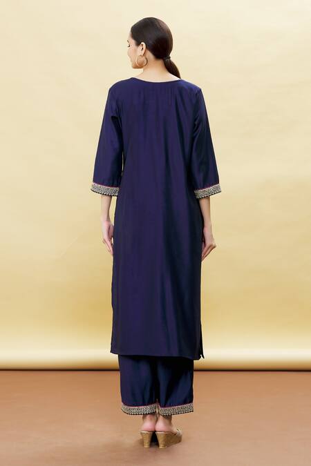 Shop Samyukta Singhania Blue Linen, , Silk, Satin Sequins, Embroidery Round Neck Kurta Set at Aza Fashions Shop_Samyukta Singhania_Blue Linen, , Silk, Satin Sequins, Embroidery Round Neck Kurta Set_at_Aza_Fashions