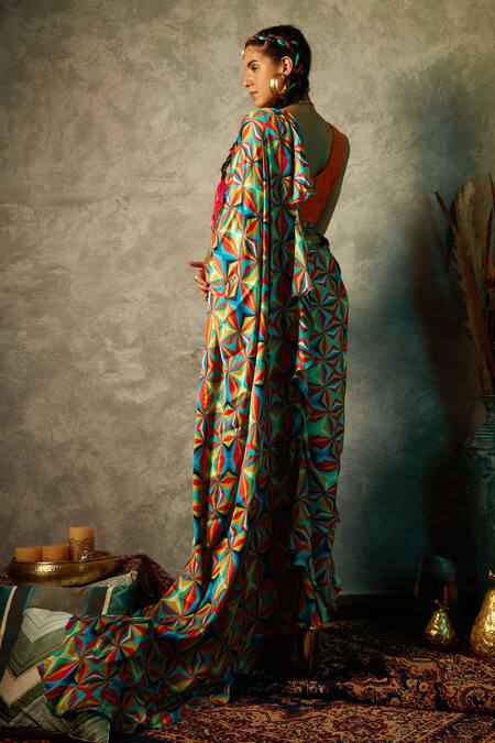 Shop_Esha L Amin_Multi Color Modal Satin Printed Geometric Saree _at_Aza_Fashions