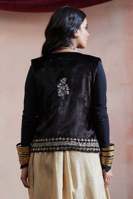 Shop Weaver Story Black Velvet, Cotton Embroidery Open Neck Hand Jacket at Aza Fashions Shop_Weaver Story_Black Velvet, Cotton Embroidery Open Neck Hand Jacket _at_Aza_Fashions