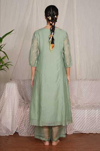 Pants And Pajamas Crayon Moss Green Chikankari Kurta & Pant - Set of 2 