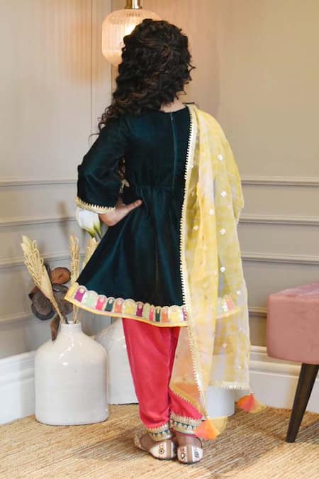 Shop Fayon Kids Blue Velvet, Organza Tassels Embroidered Hem Kurta Pant Set at Aza Fashions Shop_Fayon Kids_Blue Velvet, Organza Tassels Embroidered Hem Kurta Pant Set _at_Aza_Fashions