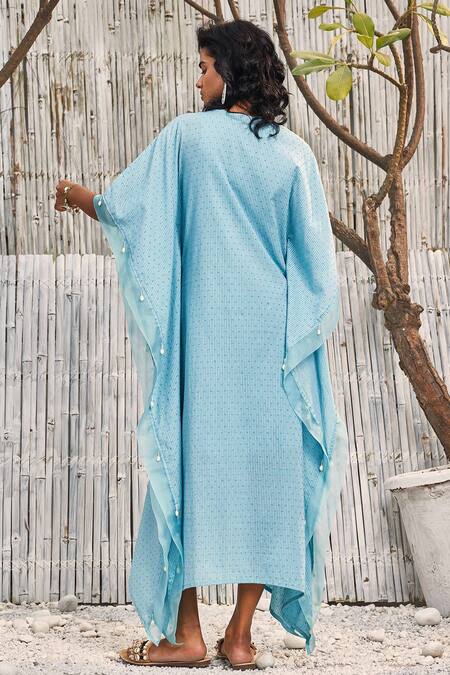 Shop Charkhee Blue Denim, Cotton Beads V-neck Stripe Pattern Kaftan at Aza Fashions Shop_Charkhee_Blue Denim, Cotton Beads V-neck Stripe Pattern Kaftan_at_Aza_Fashions