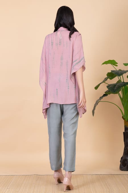 Shop Chambray & CO. Pink Silk Tassels Collared Blush Tie Dye Kaftan And Sage Green Pant Set at Aza Fashions Shop_Chambray & CO._Pink Silk Tassels Collared Blush Tie Dye Kaftan And Sage Green Pant Set _at_Aza_Fashions