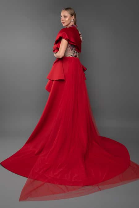 Shop_Anjum Qureshi_Red Net Hand Embroidered Floral High Neck Structured Gown _at_Aza_Fashions