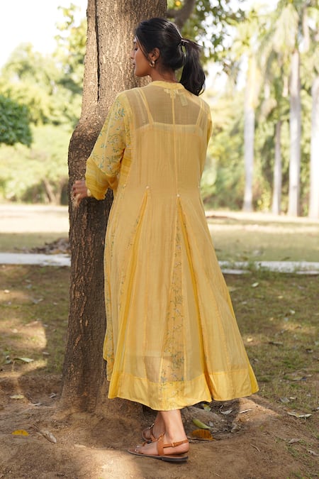 Shop_Dhaari_Yellow Handloom Cotton, Silk Embroidery Bandeau Neck Hand Painted Gusset Dress _at_Aza_Fashions