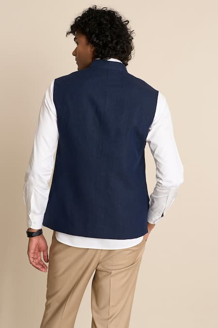 Gargee Designers Blue Linen Bundi with Patch Pockets 