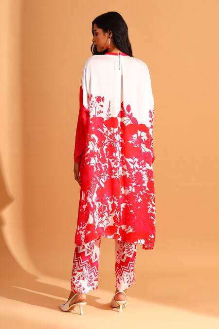 Shop_Moh India_Magenta Cupro Printed Floral Round High Neck Colorblock Tunic And Trouser Set _at_Aza_Fashions