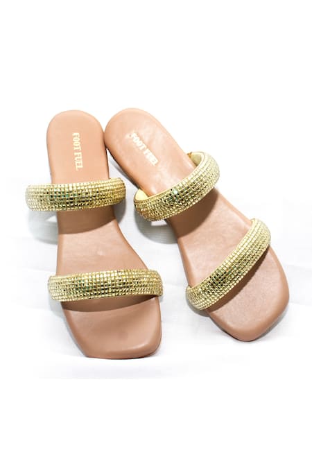 Shop Foot Fuel Cream Amalia Stone Embroidered Strappy Flats at Aza Fashions Shop_Foot Fuel_Cream Amalia Stone Embroidered Strappy Flats _at_Aza_Fashions