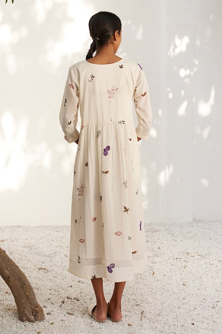 Shop_Kharakapas_Off White Cotton Embroidery Round Neck Botanical Printed Mulmul Dress _at_Aza_Fashions