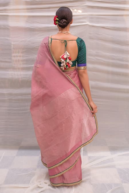 Priyanka Raajiv Pink Chanderi Silk Zardozi Lace Border Durga Embroidered Saree Online at Aza Fashions Priyanka Raajiv_Pink Chanderi Silk Zardozi Lace Border Durga Embroidered Saree _Online_at_Aza_Fashions