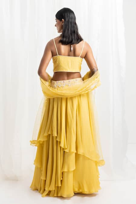 Shop_Seema Thukral_Yellow Georgette, Net, Organza, Chiffon Layered Lehenga And Hand Blouse Set _at_Aza_Fashions