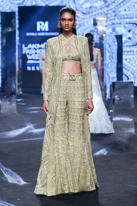 Shop Ritika Mirchandani Green Net, Crepe Embroidery, Beads, Zana Abstract Pattern Jacket Sharara Set at Aza Fashions Shop_Ritika Mirchandani_Green Net, Crepe Embroidery, Beads, Zana Abstract Pattern Jacket Sharara Set _at_Aza_Fashions