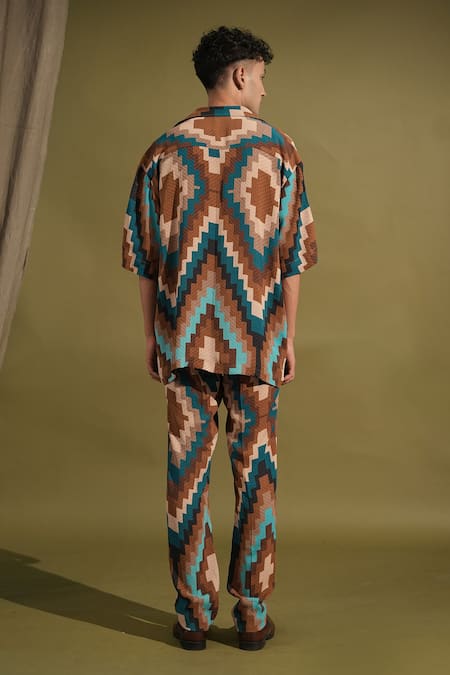 Nikita Mhaisalkar Turquoise Abstract Grid Print Shirt & Pant Set 