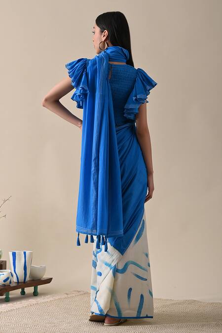 Shop Kanelle Blue Cotton And Saree at Aza Fashions Shop_Kanelle_Blue Cotton And Saree_at_Aza_Fashions