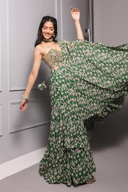 Shop_Ria Shah Label_Green Polyester Beads, Embroidery Floral Print One Sided Cape And Sharara Set _at_Aza_Fashions