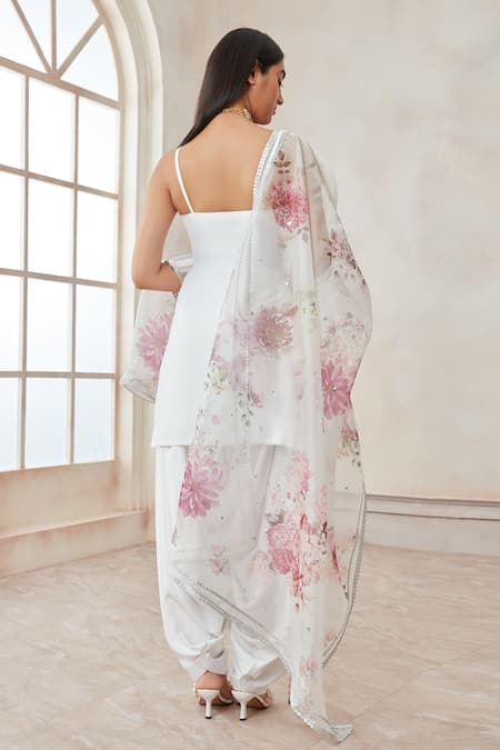Shop_Lashkaraa_White Satin Floral Printed Punjabi Suit Set_at_Aza_Fashions