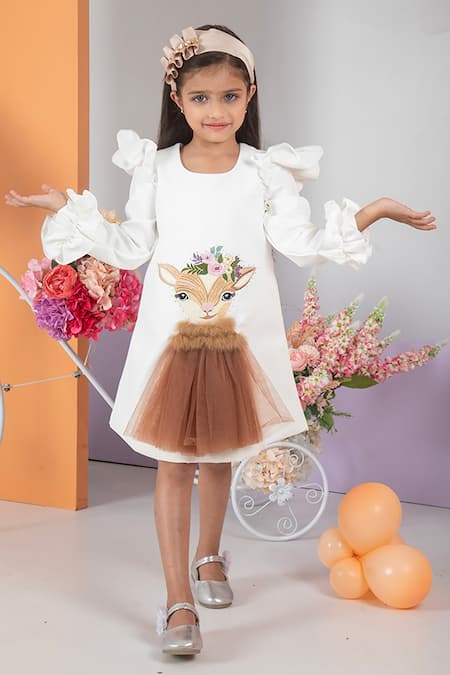 Shop Hoity Moppet White Crepe, Satin Embroidery, Sequins Bambi Deer Shift Dress at Aza Fashions Shop_Hoity Moppet_White Crepe, Satin Embroidery, Sequins Bambi Deer Shift Dress _at_Aza_Fashions