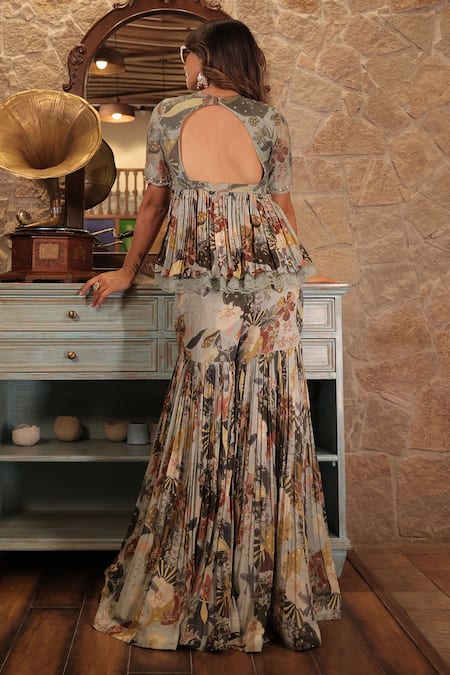 Vana Ethnics_Grey Viscose Floral, Bead Scallop V Neck Printed Peplum Top And Sharara Set _Online_at_Aza_Fashions