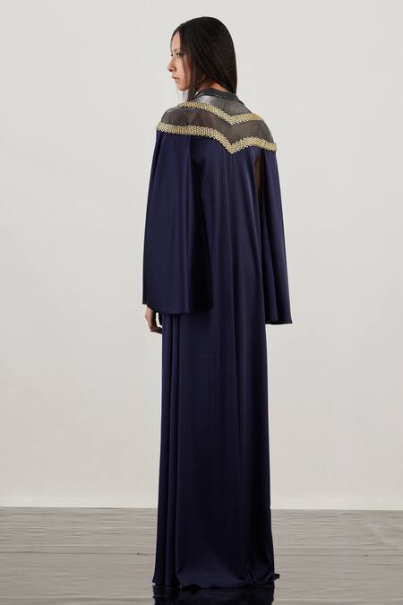 Shop_Akhl_Blue Silk Satin (100% Polyester) + Lurex Tulle (57% Hand Woven Shirt Kaftan _at_Aza_Fashions