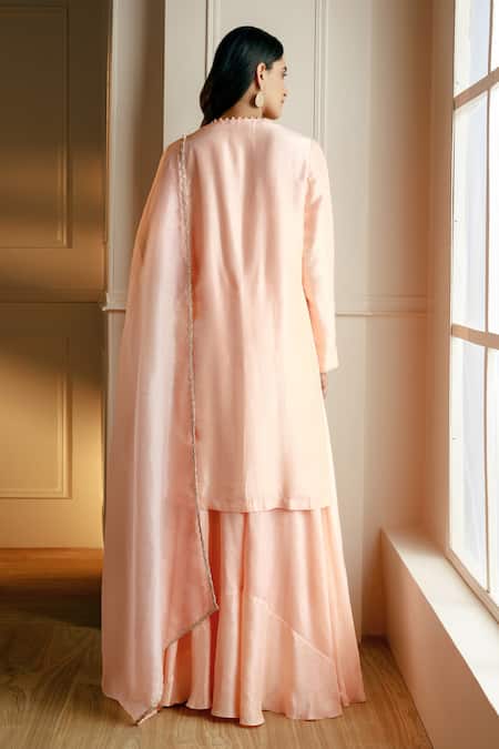 Shop_Nehha Nhata_Peach Silk, Organza Tassels, Embroidery Round Neck Kurta Set With Dupatta _at_Aza_Fashions