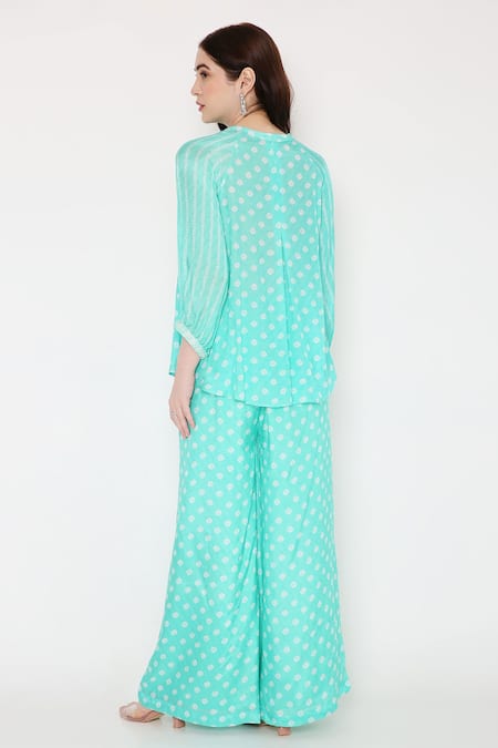 Shop Bha Sha Blue Muslin Embroidery Mandarin Collar Tiya Printed Tunic And Flared Pant Set at Aza Fashions Shop_Bha Sha_Blue Muslin Embroidery Mandarin Collar Tiya Printed Tunic And Flared Pant Set _at_Aza_Fashions