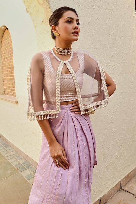 Shop Palak & Mehak Purple Rayon, Wool Pearls, Embroidery Freya Stripe Pattern Skirt Set With Cape at Aza Fashions Shop_Palak & Mehak_Purple Rayon, Wool Pearls, Embroidery Freya Stripe Pattern Skirt Set With Cape _at_Aza_Fashions