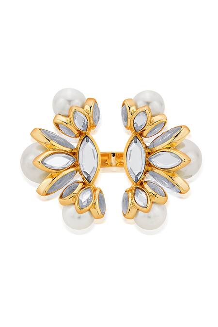 Shop_Isharya_White Japanese Cotton Ball Pearl And Mirror & Cluster Front Open Ring_at_Aza_Fashions