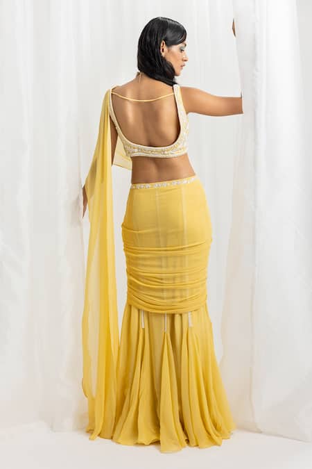 Seema Thukral Yellow Georgette, Organza, Net, Satin Pre-stitched Ruched Saree With Choli Online at Aza Fashions Seema Thukral_Yellow Georgette, Organza, Net, Satin Pre-stitched Ruched Saree With Choli _Online_at_Aza_Fashions