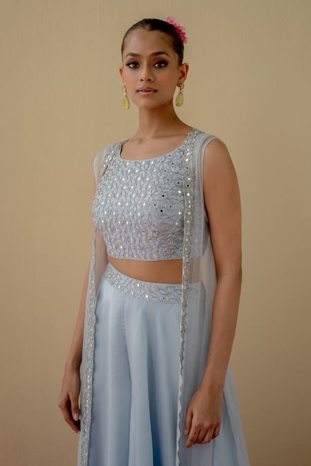 Mint Blush Embroidered Long Cape Flared Pant Set 