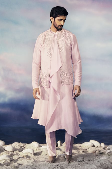 Shop Rohit Gandhi + Rahul Khanna Pink Viscose, Silk, Chanderi Geometric Embellished Bundi And Asymmetric Kurta Set at Aza Fashions Shop_Rohit Gandhi + Rahul Khanna_Pink Viscose, Silk, Chanderi Geometric Embellished Bundi And Asymmetric Kurta Set _at_Aza_Fashions