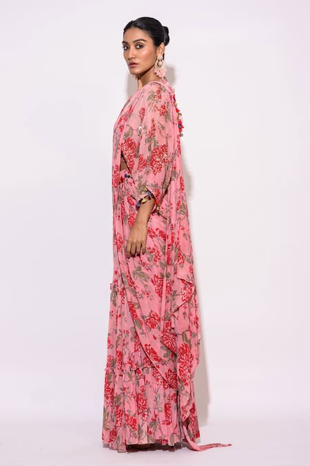 Shop_Aangan By Parul_Pink Chiffon Rhinestones, Sequins Floral Pattern Pre-draped Tiered Saree Set _at_Aza_Fashions